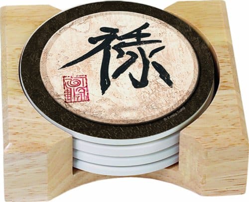 Chinese Round Absorbent Coasters in Wooden Holder