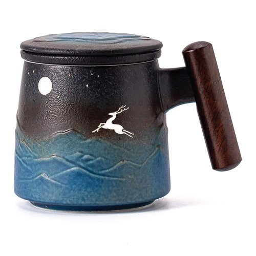 Moon Deer Ceramic Tea Mug with Infuser and Lid 