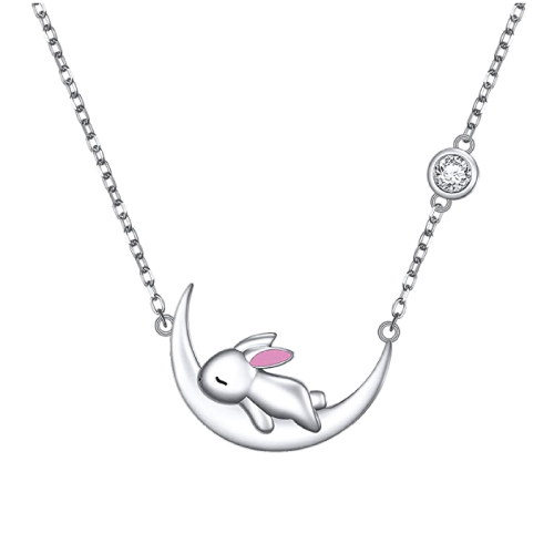 925 Sterling Silver Rabbit On Moon Pendant NecklaceÂ 